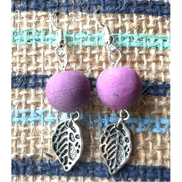 Handmade Silver Leaf and Purple Bead Dangle Earrings Artisan Jewelry 2.25" Long - Picture 1 of 3